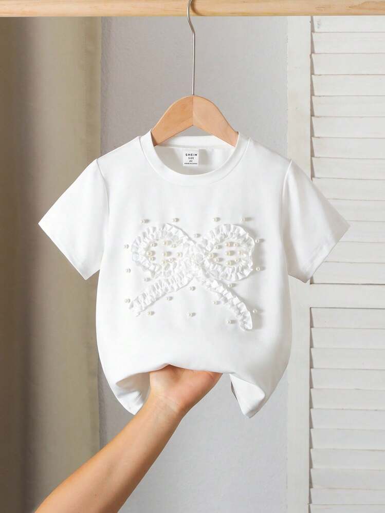 SHEIN Áo thun trắng tay ngắn cổ tròn đính nơ 3D dễ thương và thanh lịch cho bé gái. - trắng - Xem 7