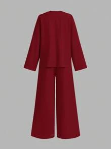 Firerie Women's Casual Elegant Vacation Fashion Front Tie Loose Shirt And High Waist Elastic Loose Pants 2 Pieces Set