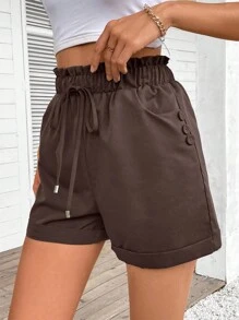 EMERY ROSE Women's Solid Color Elastic Waist Drawstring Casual Shorts With Pockets, Versatile - Coffee Brown - View 3