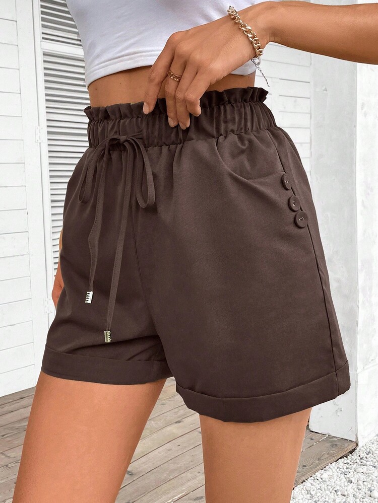 SHEIN LUNE Women's Solid Color Elastic Waist Drawstring Casual Shorts With Pockets, Versatile - Coffee Brown - View 3