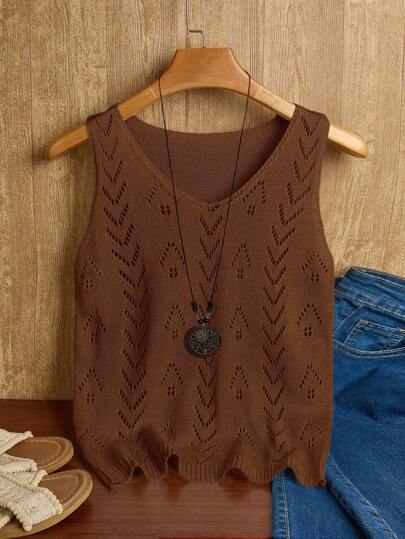 EMERY ROSE Women's Solid Color Minimalist Sleeveless Knit Top, Everyday Wear Maillard Style Summer Brown Knitted Sweater
