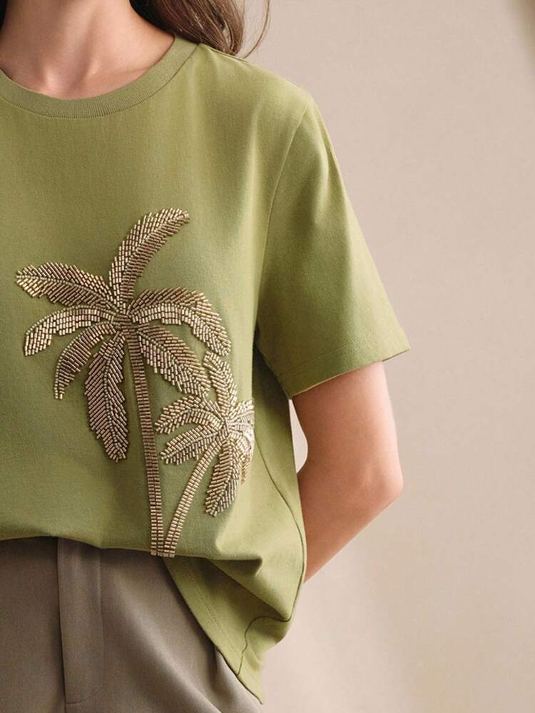 Women's Elegant Spring & Beach White Round Neck Short Sleeve T-Shirt With Pearl Embroidered Floral Print, Straight Fit Basic Casual Top