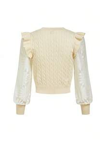 Ellevyn Elegant Ruffled Lace Sleeve Crew Neck Sweater, Comfortable For Everyday Wear,Women's Winter Sweater,Winter Clothes For Women - Apricot - View 2