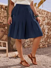 EMERY ROSE Plus Size Multi-Functional Plain Casual Shorts, Simple And Fashion Style, Suitable For Summer, Holiday Mother's Day, Country Concert, Boho, Western - Navy Blue - View 3