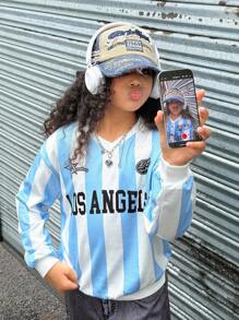 SHEIN Explorewe Streecool 儿童休闲校园风格青少年女孩秋冬舒适时尚运动别致字母和数字印花 V 领棒球夹克和宽松图案印花阔腿裤 2 件套