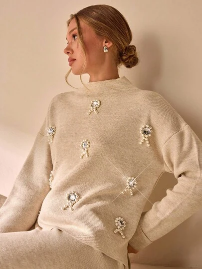CLARA VERO Women Bow Shaped Pearl Rhinestone Detailed Sweater And Sweater Pant 2pcs Set Co-Ords Sweaters For Women Pearl Embellished Sweater Mock Neck Sweater Womens Pullover Neutral Sweaters,Winter Clothes
