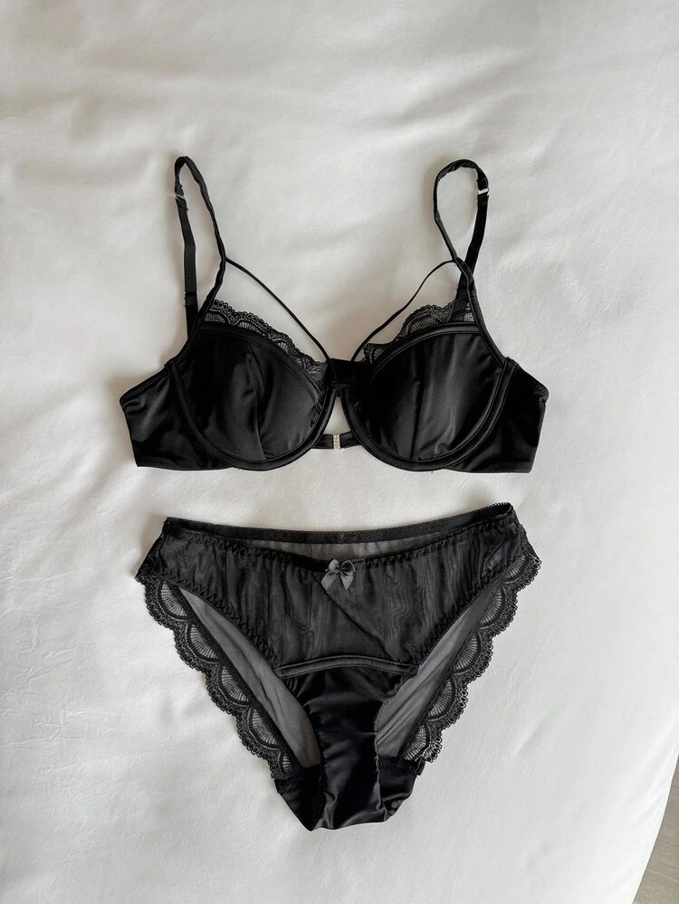 2pcs Black Mesh & Lace Patchwork Semi-Sheer Sexy Women Lingerie Set