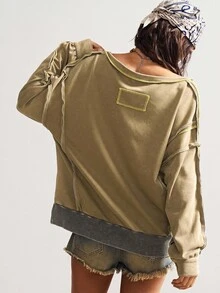 Bohemela Boho Autumn/Winter Vintage Casual Women's Casual Solid Color V-Neck Long Sleeve Loose Knit Oliver Green Sweatshirt Earthy , Western Country Style Concert Vacation, Suitable For Vacation & Daily Wear & Back To School & Going Out, Halloween