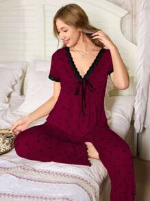 CottageSlumber 2件套波尔卡圆点印花撞色蕾丝蝴蝶结V领短袖女士睡衣套装 - 紅色 - 查看 5