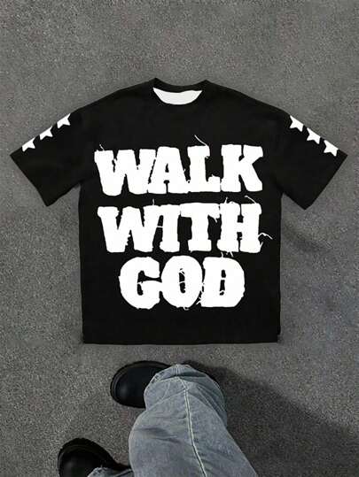 SHEIN Bolty Regular Fit Street Style 'Walk With God' T-Shirt For Teen Boys Walk With God Shirt Christian Tshirts Walk With God T-Shirt Christian Graphic Tee Religious Tee Shirts