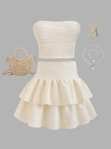 2 件套青少年女孩海滩度假休闲甜美修身抹胸和高腰荷叶边下摆迷你裙，针织纹理面料 - 杏色 - 查看 1