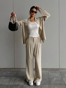 DAZY 2 Stücke Damen Lässig Vintage Münzen Muster Langarm Top und Weite Bein Hose Set Loungewear für Frauen - Aprikosenfarben - Übersicht 3