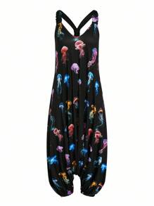 Sweetra Plus Size Women's Loose Fit Jellyfish Print Jumpsuit - Multicolor - View 1