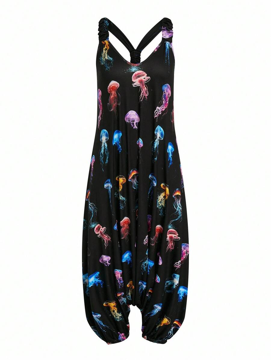 Sweetra Plus Size Women's Loose Fit Jellyfish Print Jumpsuit - Multicolor - View 1