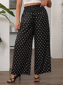 SHEIN Tall CURVE Plus Size Women's Waist Drawstring Polka Dot Print Wide Leg Loose Pants Fall Cloth For Women