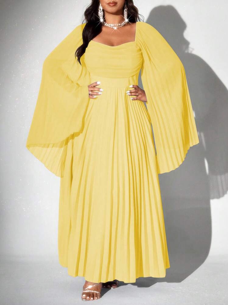 Viva Relle 大码女式优雅浪漫褶皱雪纺长袖连衣裙 - 黃色 - 查看 7