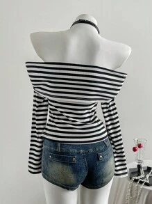 Elamini 黑白罗纹露肩褶饰纽扣装饰前开衩修身长袖 T 恤，时尚简约优雅，适合通勤、休闲、日常、约会、秋冬 - 黑與白 - 查看 2