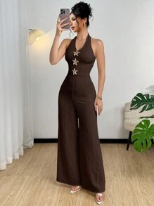 Modelyn 女式金属扣无袖细肩带短款上衣和阔腿连体裤 - 咖啡棕 - 查看 5