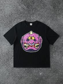 MADBALLS X SHEIN 男士卡通图案黑色圆领短袖T恤 - 黑色 - 查看 1