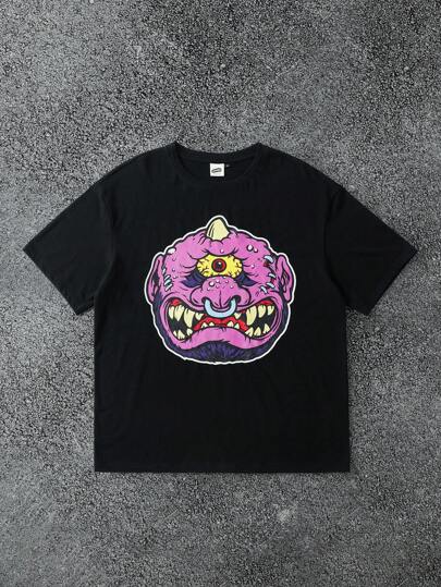 MADBALLS X SHEIN 男士卡通图案黑色圆领短袖T恤