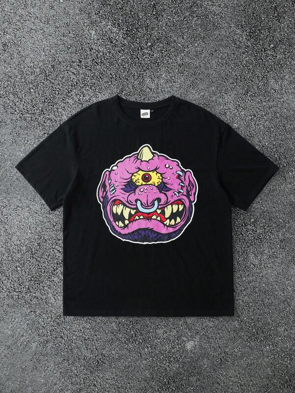 MADBALLS X SHEIN T-shirt à manches courtes col rond noir avec motif de dessin animé pour hommes