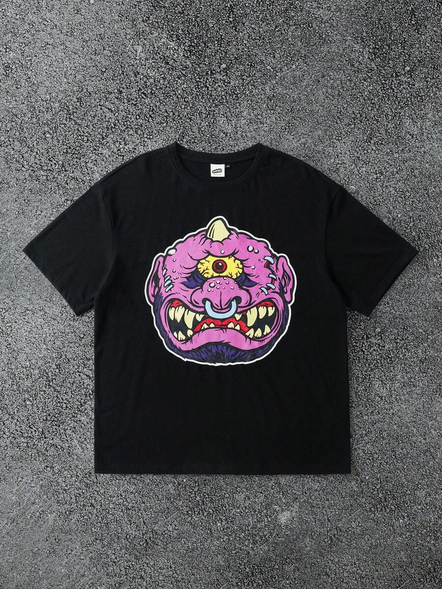 MADBALLS X SHEIN 男士卡通图案黑色圆领短袖T恤 - 黑色 - 查看 1