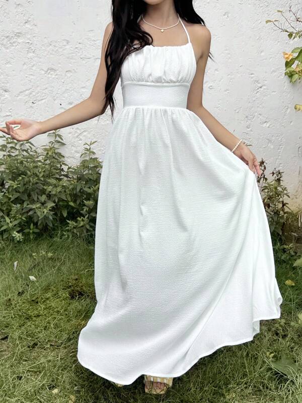 SHEIN Teenager Mädchen weißes rückenfreies Kleid mit Schleife, bohemian elegantes ärmelloses Kleid