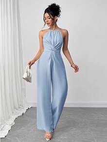 Firerie Bộ đồ liền thân không tay tối giản màu trơn dành cho nữ có dây thắt lưng sau lưng, mặc hàng ngày - Màu xanh nhạt - Xem 8