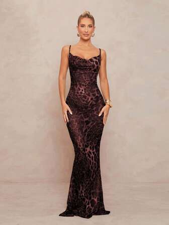 Lumalex 经典棕色豹纹印花低胸无袖透视紧身美人鱼连衣裙，大腿高开衩，系带细节