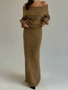 Aloruh 秋冬新款燕麦色露肩灯笼袖修身套头针织毛衣和加长美人鱼下摆中裙套装 - 杏色 - 查看 2