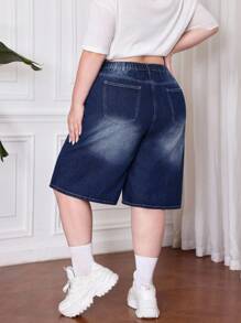 Quần short denim xanh cổ điển cỡ lớn cho nữ - Rửa trung bình - Xem 3