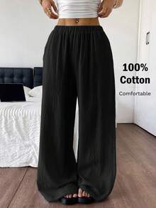 Comfortcana Celana Longgar Chiffon Warna Polos untuk Liburan Kasual Musim Panas - Hitam - View 7