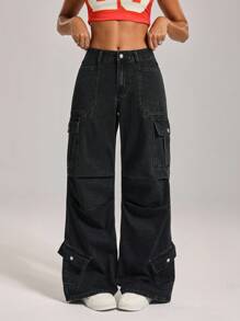 SHEIN Tall 女士休闲水洗阔腿工装牛仔裤