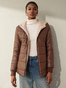 Aveloria Modichic Abrigo acolchado con capucha con cremallera y estampado de cuadros sencillo, ropa de invierno casual y versátil - Café integral - Ver 5