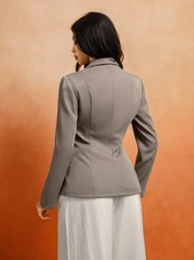 SHEIN Unity Women's Casual Solid Color Lapel Blazer Jacket Fall Cloth For Women - Khaki - View 2