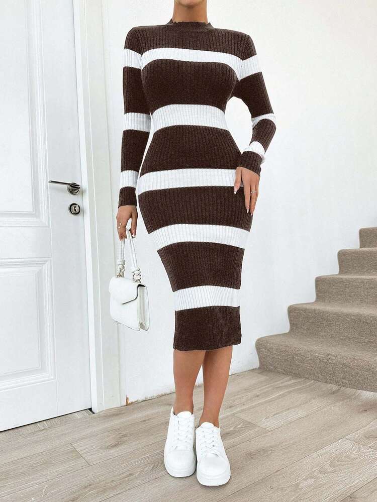 EURMUSE Women's Colorblock Long Sleeve Knit Sweater Dress,Winter Dresses - Brown - View 1