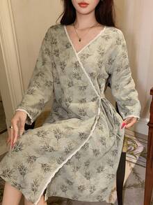 DAZY Chinese Style Floral Print Loose Wrap Around Women Robe, Fall Pajama, Winter - Green - View 6