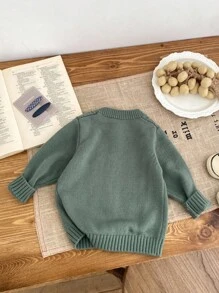 LMoss Kids 女婴花卉图案长袖单排扣针织开衫 - 綠色 - 查看 3