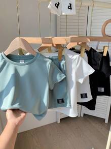 6pcs/Set Baby Boy/Girl Cute Solid Color Letter Print Short Sleeve T-Shirt & Elastic Waist Shorts 6pcs Basic Outfit Set, Spring/Summer