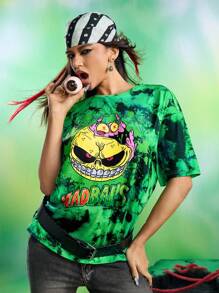 MADBALLS X SHEIN 女士扎染怪物印花圆领短袖T恤 - 綠色 - 查看 1