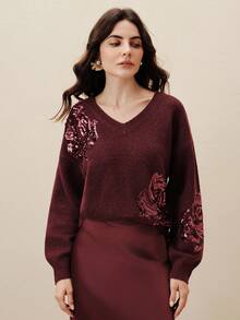 Anewsta French Elegant Dignified Floral Sequin Embroidered V-Neck Sweater - Burgundy - View 5