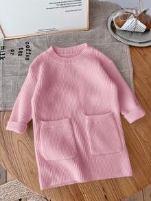 SHEIN LMoss Kids LMoss Baby Girl Cute Minimalist Beige Long Sleeve Sweater Dress, Autumn/Winter Baby Girl Pink Sweater Dress Winter Baby Girl Dress Toddler Girl Pink Dress Baby Girl Long Sleeve Dress Pink Knit Baby Dress Fall - Dusty Pink - View 6