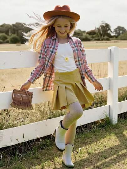 SHEIN Tween Girl Sweet And Cool Style Solid Color Pleated Skirt With Woven Texture