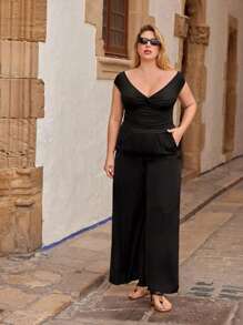 Maija Plus Size Black One-Shoulder Front Collar Design Collar Women's Tops, Suitable For Office Spring And Summer Leisure And Comfortable All-Match Women's Spring And Summer Festival Seaside,Off The Shoulder Top,Business Casual Woman,Going Out Tops,Old Money Style ,Concert Outfits For Women ,Bachelorette Outfits - Black - View 2