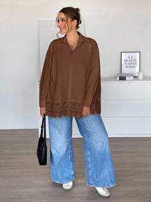 SHEIN Essnce Plus-Size Women Contrast Lace Button Up Blouse, Valentines Autumn Going Out Tops,Spring Rave Festival,Fall Clothes For Women - Brown - View 3