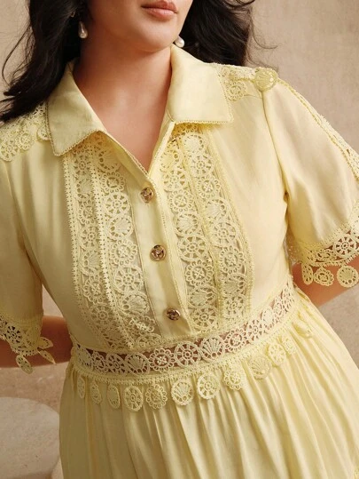 Anewsta Vestido amarillo de talla grande con manga corta, falda de pastel de múltiples capas, recorte de encaje y estilo vintage elegante de verano