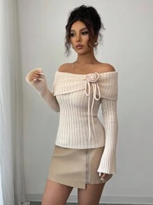 Elenzga Pulover minimalist cu umeri goi pentru femei, culoare solidă, pulover tricotat de zi cu zi, toamnă-iarnă - Kaki - Vizualizare 6
