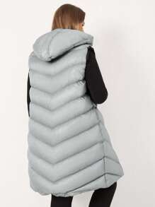 RueChic Plus Zip Up Drawstring Hooded Puffer Vest Coat - Light Grey - View 2