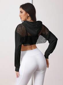 Menodora SHEIN Sport Drop Shoulder Drawstring Hollow Out Super Crop Sports Sweatshirt Without Cami Top Cropped Sweatshirt - Black - View 2