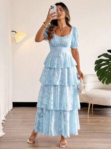 Vionelle 女士加大码优雅度假方领蝴蝶结露背多层荷叶边蝴蝶袖连衣裙 - 藍色 - 查看 7